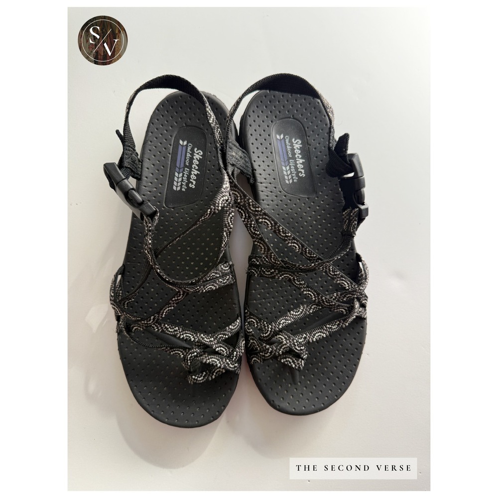 Skechers Sandals Womens Gorpcore Hiking Strappy Buckle Black White 8.5